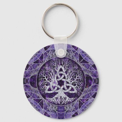 Tree of life with Triquetra Amethyst and silver Keychain