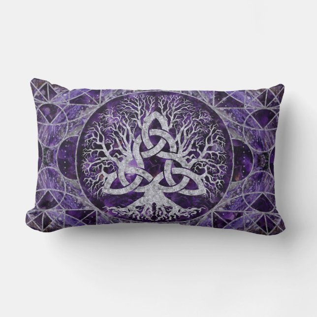 Tree of life with Triquetra Amethyst and silver Lumbar Pillow (Front)