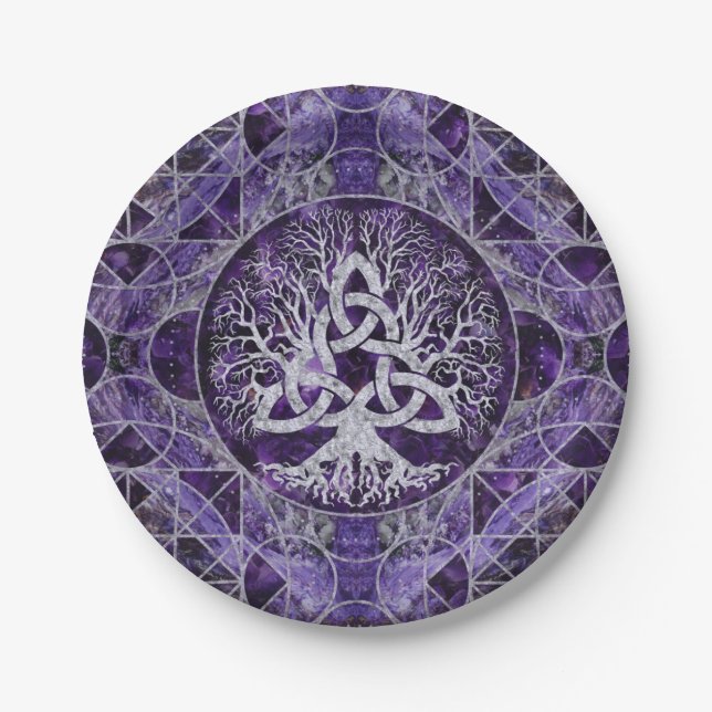 Tree of life with Triquetra Amethyst and silver Paper Plates (Front)