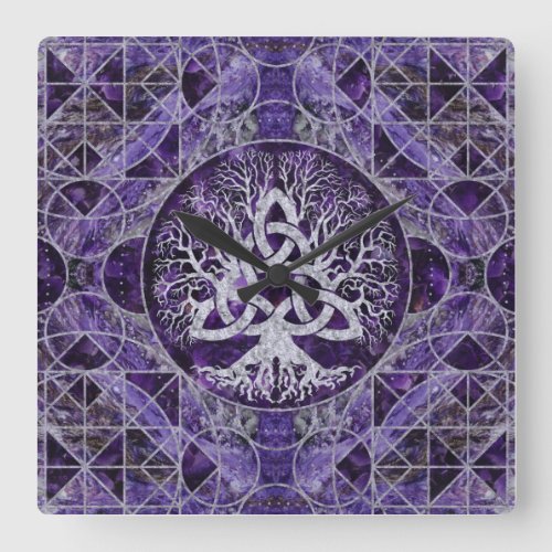 Tree of life with Triquetra Amethyst and silver Square Wall Clock