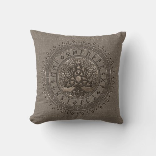 Tree of life with Triquetra Beige Leather and gold Throw Pillow