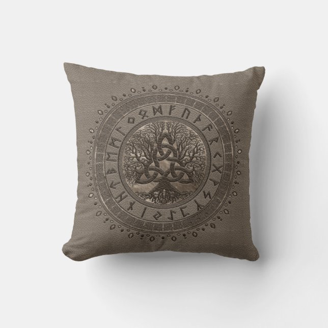 Tree of life with Triquetra Beige Leather and gold Throw Pillow (Front)