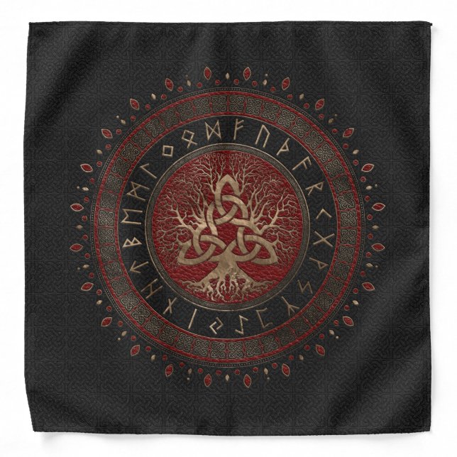 Tree of life with Triquetra Black Red Leather Bandana (Front)