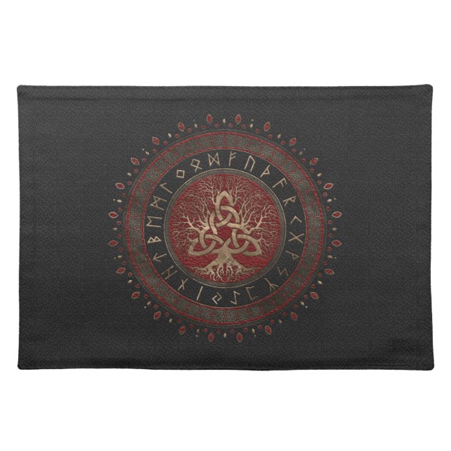 Tree of life with Triquetra Black Red Leather Cloth Placemat (Front)