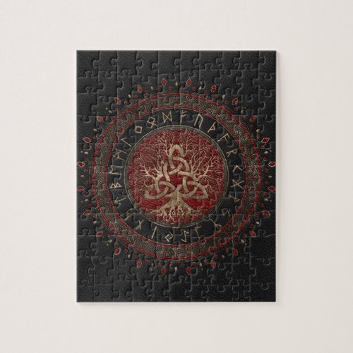 Tree of life with Triquetra Black Red Leather Jigsaw Puzzle