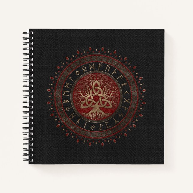 Tree of life with Triquetra Black Red Leather Notebook (Front)