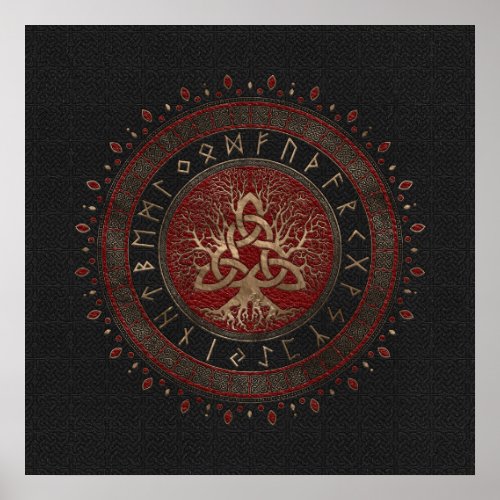 Tree of life with Triquetra Black Red Leather Poster