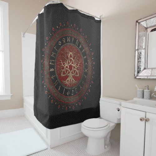 Tree of life with Triquetra Black Red Leather Shower Curtain