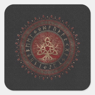Tree of life with Triquetra Black Red Leather Square Sticker