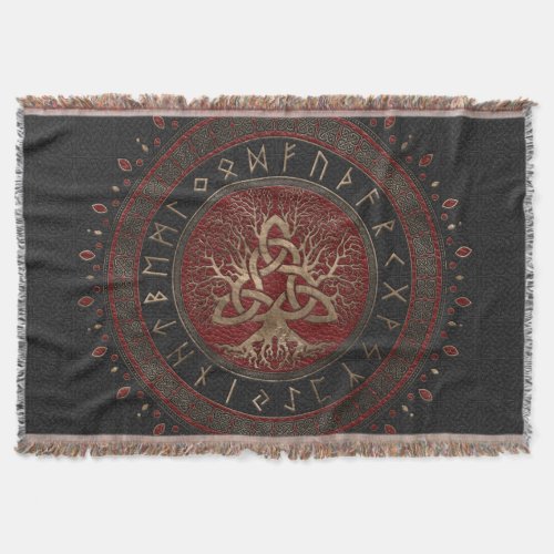Tree of life with Triquetra Black Red Leather Throw Blanket