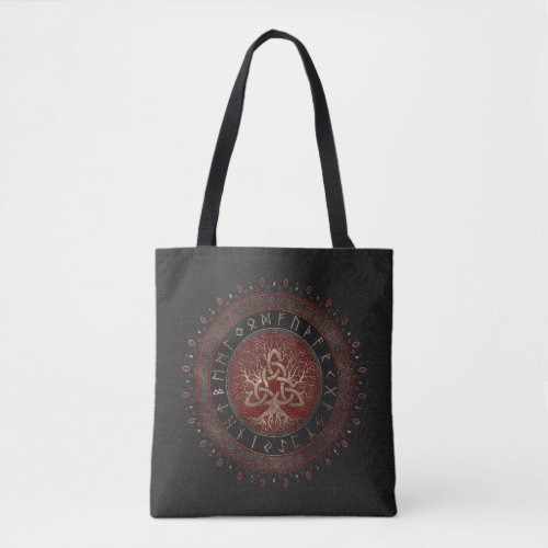 Tree of life with Triquetra Black Red Leather Tote Bag