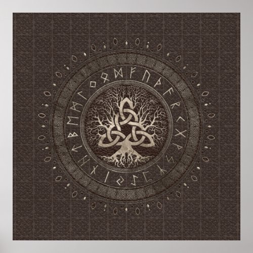 Tree of life with Triquetra Brown Leather and gold Poster