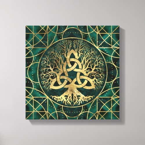 Tree of life with Triquetra Malachite and Gold Canvas Print