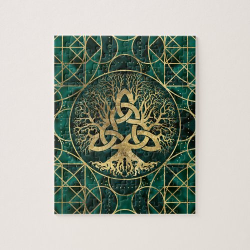 Tree of life with Triquetra Malachite and Gold Jigsaw Puzzle