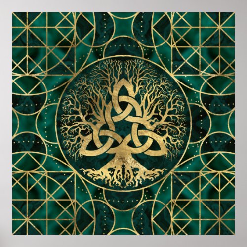 Tree of life with Triquetra Malachite and Gold Poster