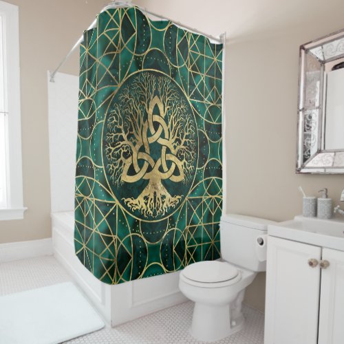 Tree of life with Triquetra Malachite and Gold Shower Curtain