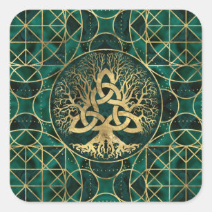 Tree of life with Triquetra Malachite and Gold Square Sticker