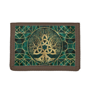 Tree of life with Triquetra Malachite and Gold Trifold Wallet