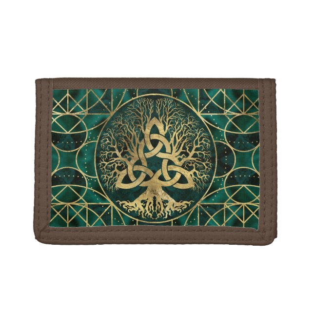 Tree of life with Triquetra Malachite and Gold Trifold Wallet (Front)