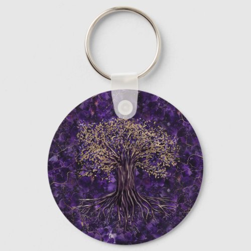 Tree of life _Yggdrasil Amethyst and Gold Keychain