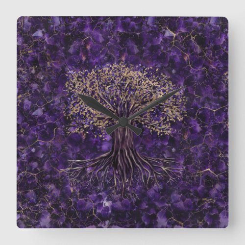 Tree of life _Yggdrasil Amethyst and Gold Square Wall Clock