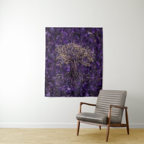 Tree of life _Yggdrasil Amethyst and Gold Tapestry