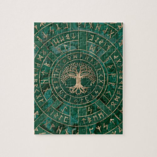 Tree of life _Yggdrasil and Futhark _ Malachite Jigsaw Puzzle