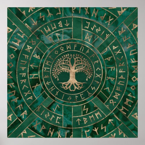 Tree of life _Yggdrasil and Futhark _ Malachite Poster