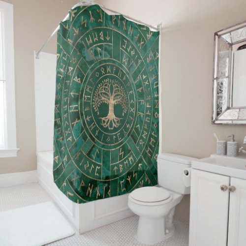 Tree of life _Yggdrasil and Futhark _ Malachite Shower Curtain