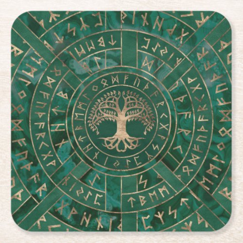 Tree of life _Yggdrasil and Futhark _ Malachite Square Paper Coaster