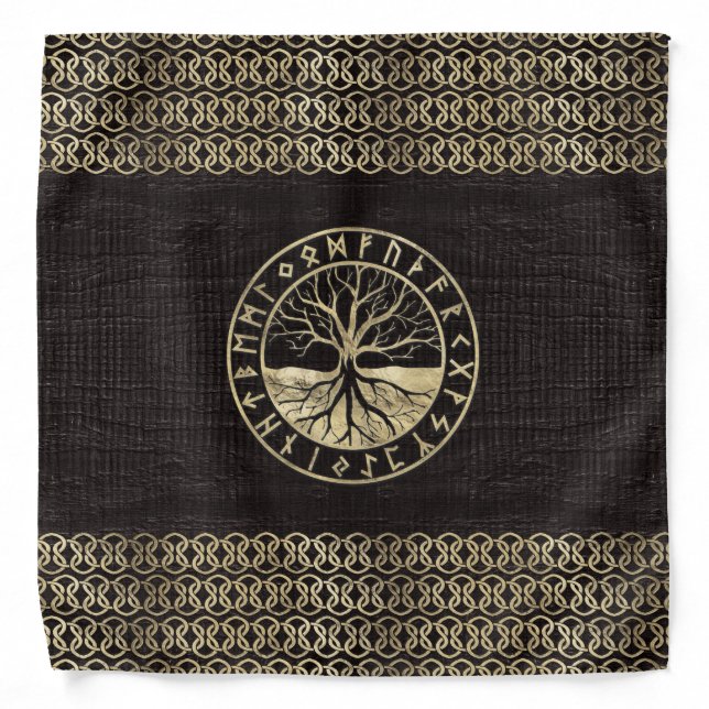 Tree of life  -Yggdrasil and  Runes on wood Bandana (Front)