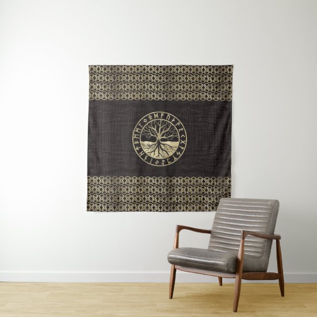 Tree of life  -Yggdrasil and  Runes on wood Tapestry (In Situ)