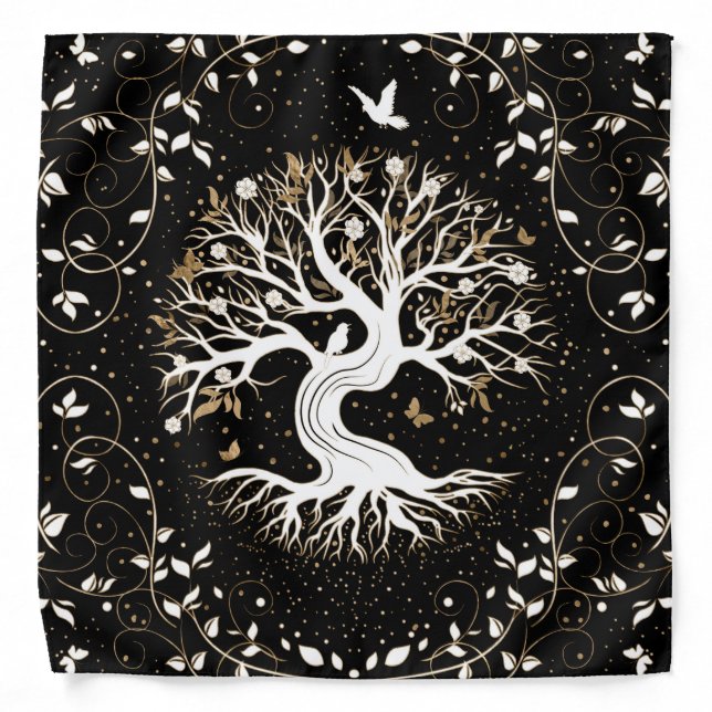 Tree of Life - Yggdrasil - black white and gold Bandana (Front)
