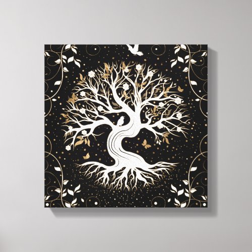 Tree of Life _ Yggdrasil _ black white and gold Canvas Print