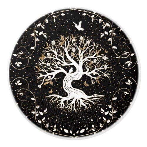 Tree of Life _ Yggdrasil _ black white and gold Ceramic Knob