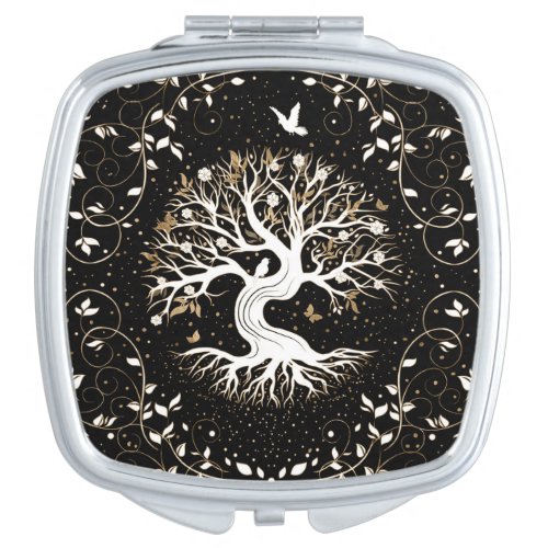 Tree of Life _ Yggdrasil _ black white and gold Compact Mirror