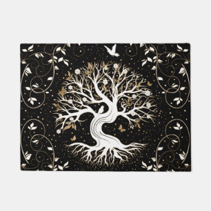 Tree of Life - Yggdrasil - black white and gold Doormat