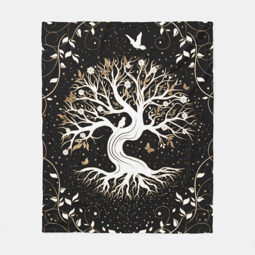 Tree of Life _ Yggdrasil _ black white and gold Fleece Blanket