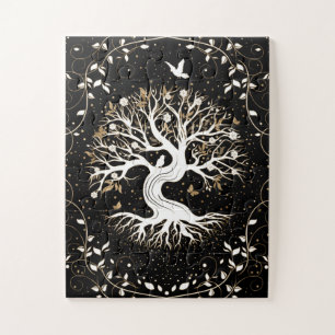 Tree of Life - Yggdrasil - black white and gold Jigsaw Puzzle