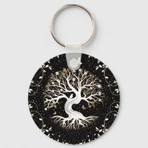Tree of Life - Yggdrasil - black white and gold Keychain