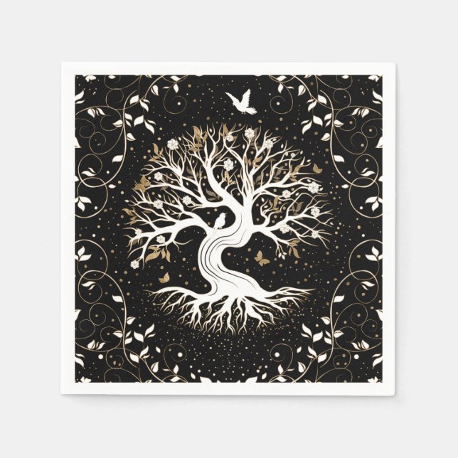Tree of Life - Yggdrasil - black white and gold Napkins (Front)