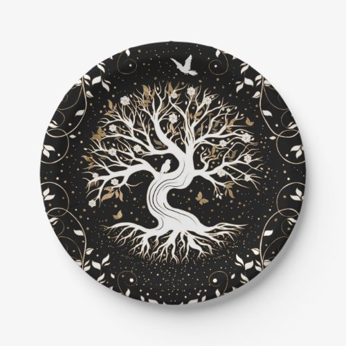 Tree of Life _ Yggdrasil _ black white and gold Paper Plates