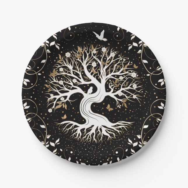 Tree of Life - Yggdrasil - black white and gold Paper Plates (Front)