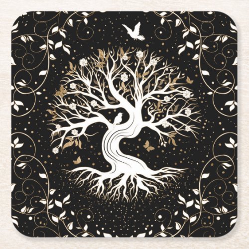 Tree of Life _ Yggdrasil _ black white and gold Square Paper Coaster
