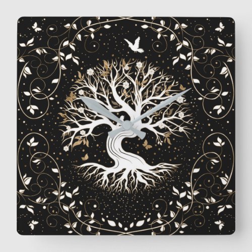 Tree of Life _ Yggdrasil _ black white and gold Square Wall Clock