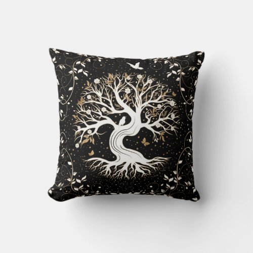 Tree of Life _ Yggdrasil _ black white and gold Throw Pillow