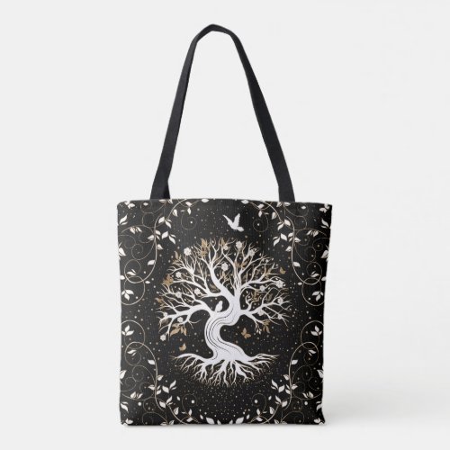 Tree of Life _ Yggdrasil _ black white and gold Tote Bag