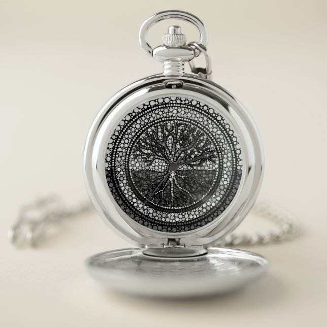Tree of life - Yggdrasil- Dot Art Grayscale Pocket Watch (Inside)