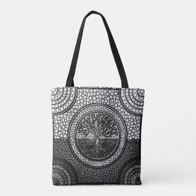 Tree of life - Yggdrasil- Dot Art Grayscale Tote Bag (Back)
