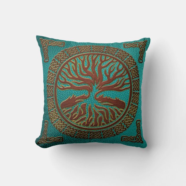Tree of life  -Yggdrasil  - Embossed Faux Leather Throw Pillow (Front)